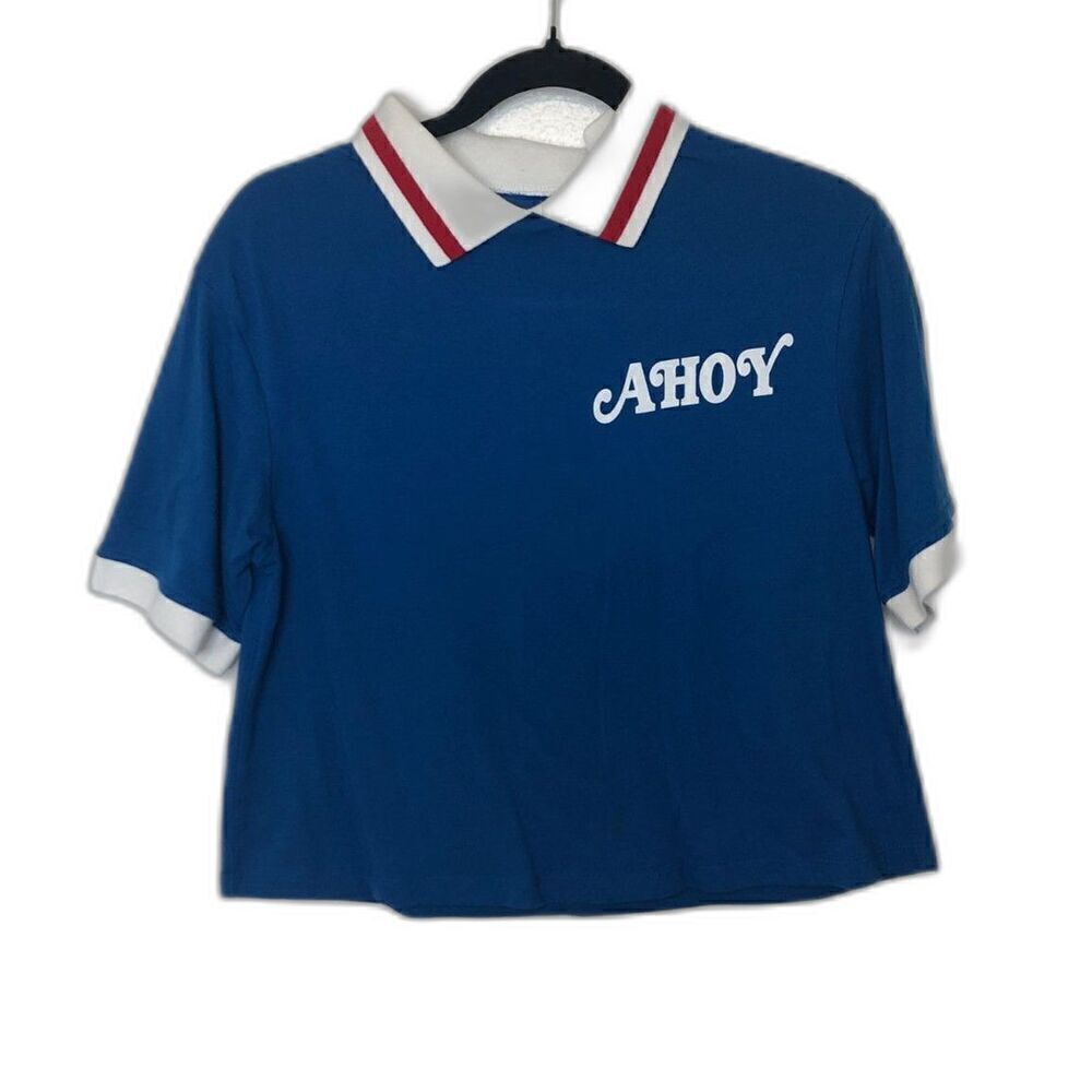 STRANGER THINGS Polo Crop Top Size Small Blue Scoops Ahoy Stranger Things